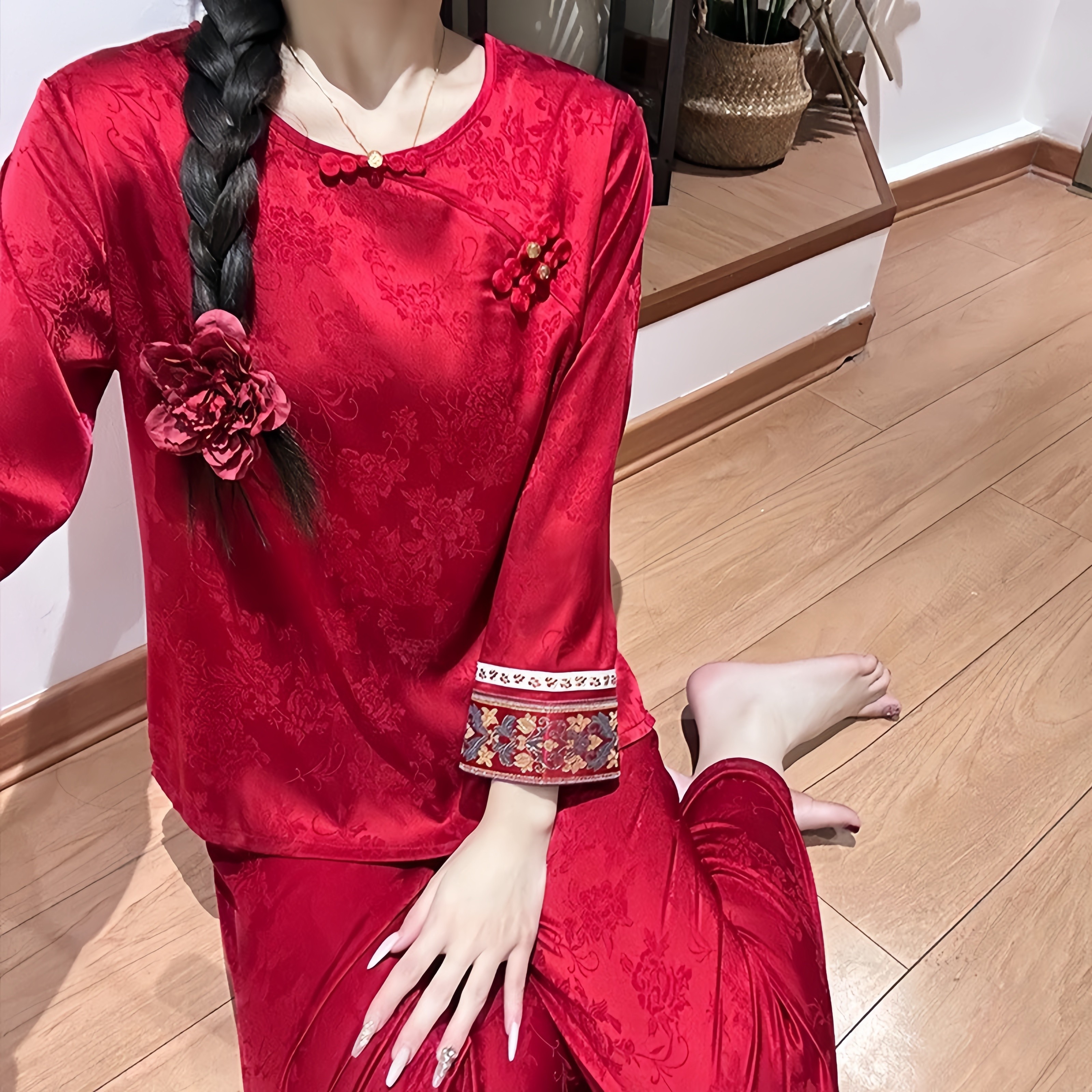 新中式国风红色冰丝睡衣女款春秋高级感长袖长裤刺绣本命年家居服