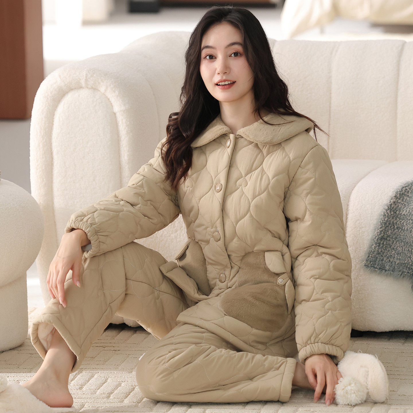 猫人睡衣女冬季新款纯棉三层加厚夹棉袄加绒保暖可外穿家居服套装