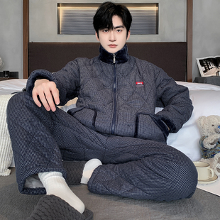猫人男士睡衣冬季三层加厚夹棉纯棉2024新款超厚棉服家居服可外穿