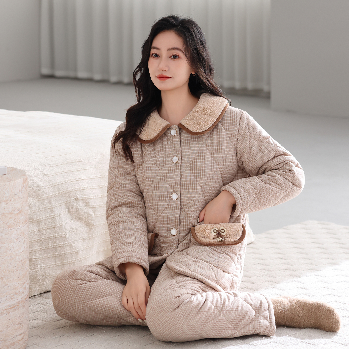 猫人纯棉睡衣女士冬季三层加厚夹棉保暖家居服套装大码可外穿棉袄