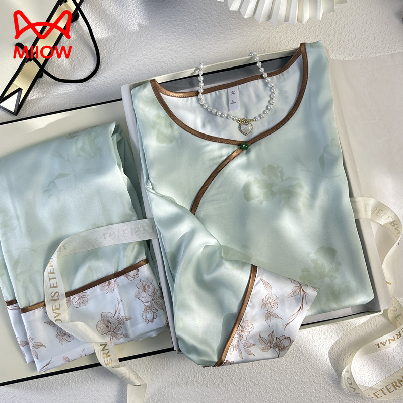 猫人冰丝睡衣女夏季2026新款七分袖国风丝绸送妈妈生日礼物礼盒装