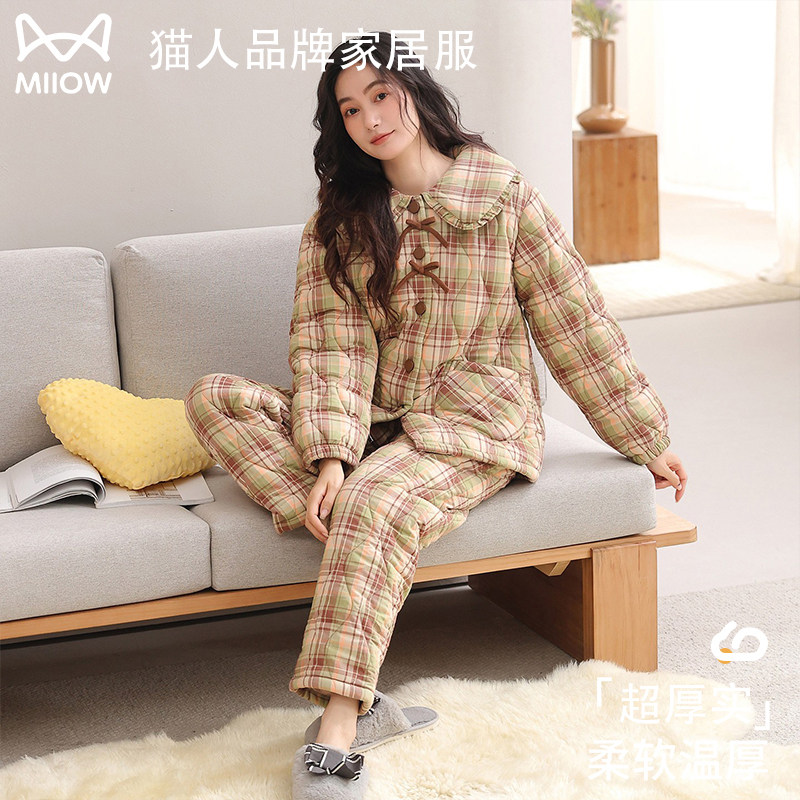 猫人纯棉三层夹棉加厚保暖睡衣女冬季2026新款棉袄两件套家居服