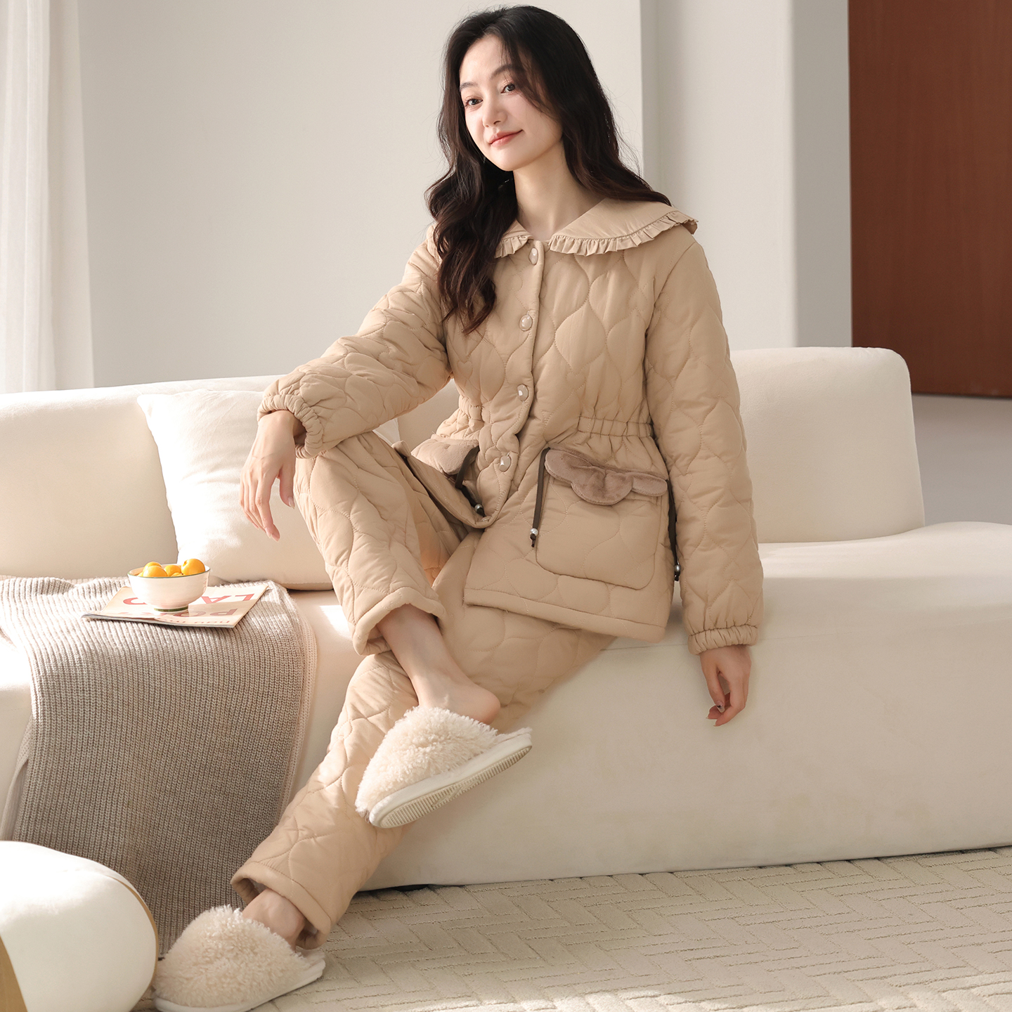 猫人女士睡衣2025冬季纯棉三层加厚夹棉冬天加大码棉袄家居服套装