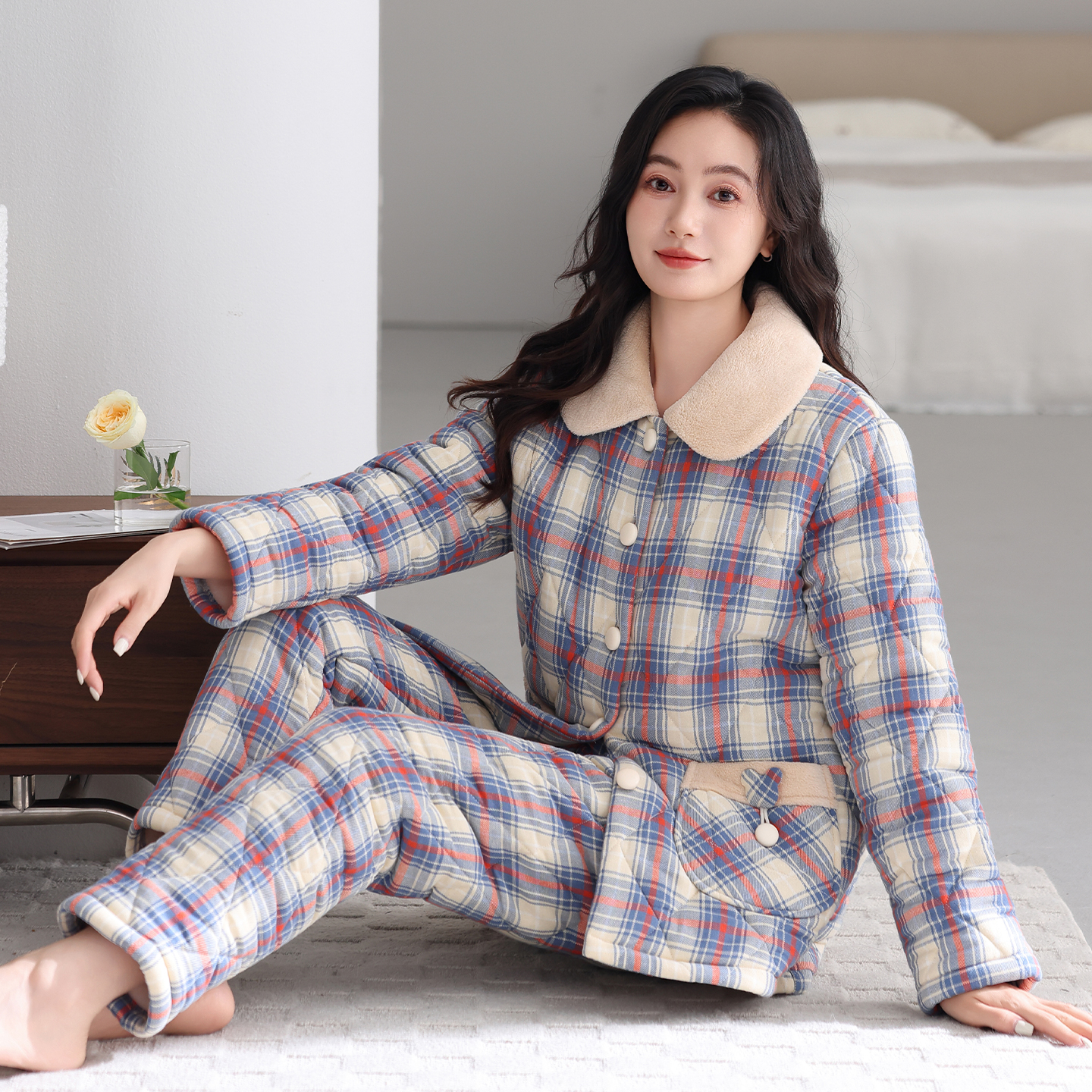 猫人女士睡衣冬季纯棉三层加厚加绒夹棉袄格子开衫家居服可外穿冬