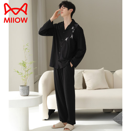 猫人男士睡衣春秋款长袖纯棉2025新款青少年大码宽松家居服可外穿