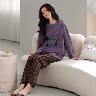 猫人带胸垫睡衣女士春秋款纯棉长袖长裤套装家居服2026新款可外穿