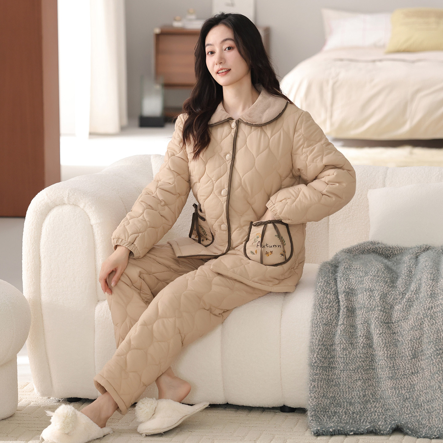 猫人2026新款冬季女士睡衣加厚加绒纯棉三层夹棉袄大码家居服套装