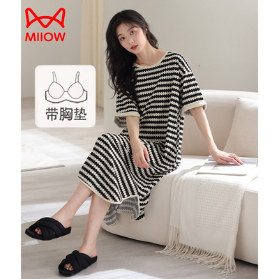 猫人纯棉睡裙女带胸垫夏季新款