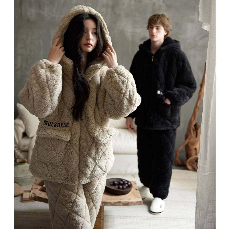 猫人情侣睡衣女冬季三层加厚夹棉