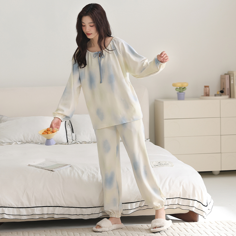 猫人带胸垫睡衣女春秋款纯棉长袖系带晕染家居服可外穿高级感套装