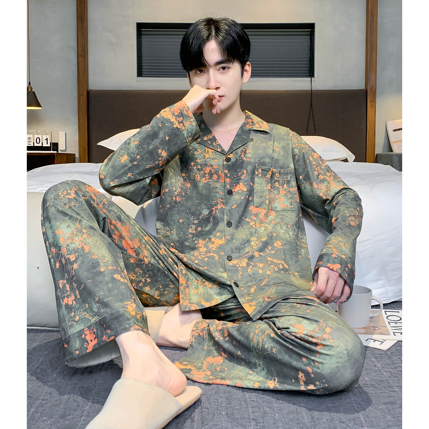 猫人男士纯棉睡衣春秋款家居服