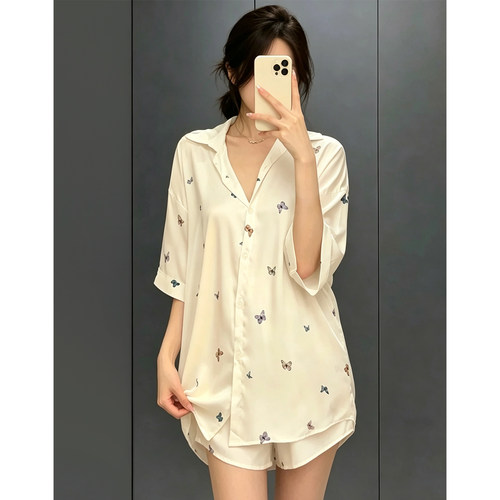 猫人夏季冰丝衬衫裙短裤睡衣女
