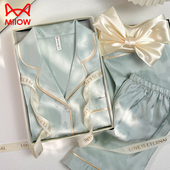 夏季 短袖 短裤 猫人冰丝睡衣女2025新款 长裤 三件套送妈妈母亲节礼盒