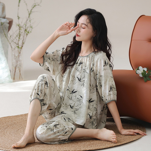 猫人夏季睡衣女五分袖七分裤套装宽松休闲天丝棉带胸垫家居服外穿