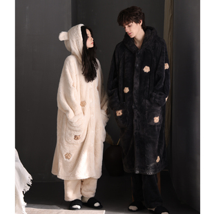 连帽家居服套装 猫人珊瑚绒情侣睡衣女秋冬季 加绒加厚睡袍2025新款