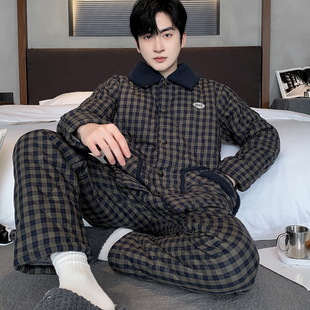 猫人男士睡衣冬季纯棉三层加厚夹棉超厚棉袄宽松翻领开衫家居服冬