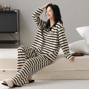 猫人带胸垫睡衣女春秋季纯棉长袖高级感加厚保暖条纹家居服可外穿