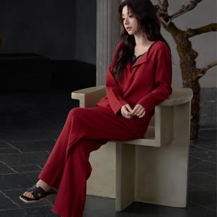 猫人带胸垫睡衣女春秋季纯棉长袖高级感红色本命年可外穿家居服