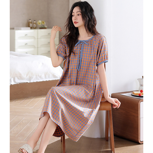 猫人带胸垫睡裙女夏季纯棉短袖梭织全棉格子宽松大码孕妇家居服夏