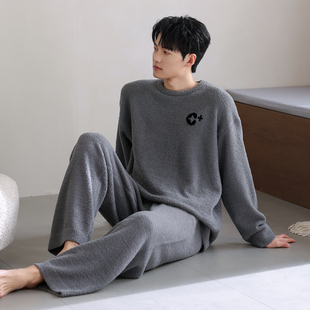 猫人半边绒男士睡衣秋冬季保暖珊瑚绒青少年宽松大码家居服可外穿
