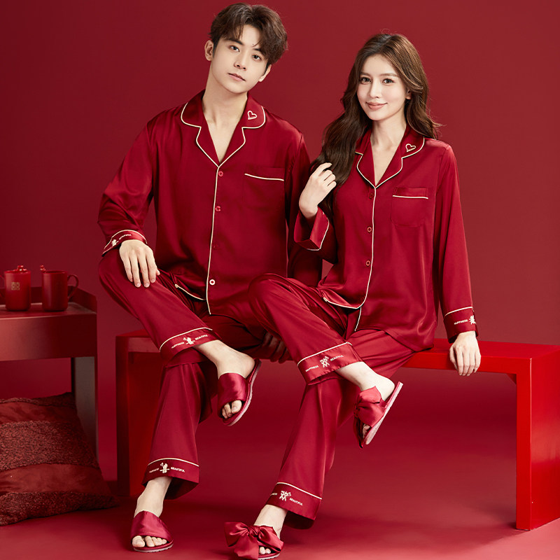 猫人冰丝睡衣结婚新婚情侣套装春秋季红色本命年家居服高级感礼盒