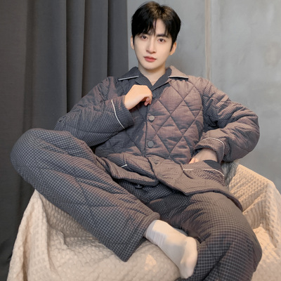 猫人纯棉睡衣男士冬季三层加厚夹棉保暖家居服冬天可外穿大码棉袄