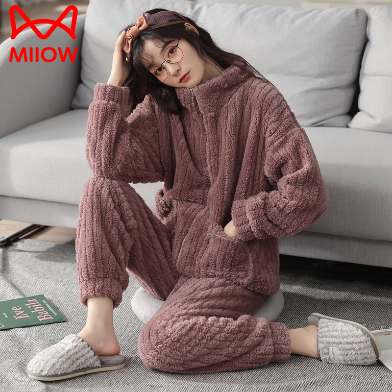 猫人珊瑚绒睡衣女秋冬季加厚加绒