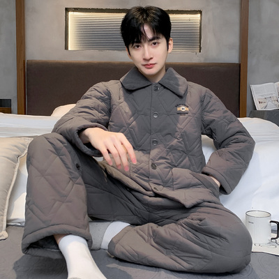 猫人睡衣男士冬季三层加厚夹棉袄加绒纯棉大码家居服套装可外穿冬
