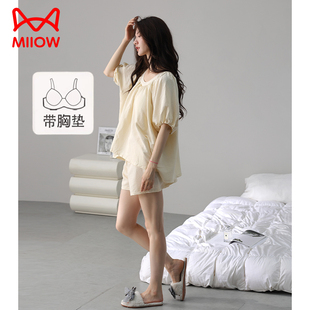 软绵绵凉感云朵棉宽松套装 猫人带胸垫一体睡衣女夏季 短裤 短袖 薄款