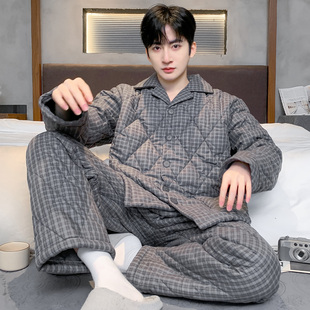 猫人睡衣男款冬季纯棉三层加厚夹棉袄加绒保暖宽松开衫家居服套装