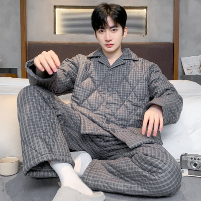 猫人睡衣男款冬季纯棉三层加厚夹棉袄加绒保暖宽松开衫家居服套装
