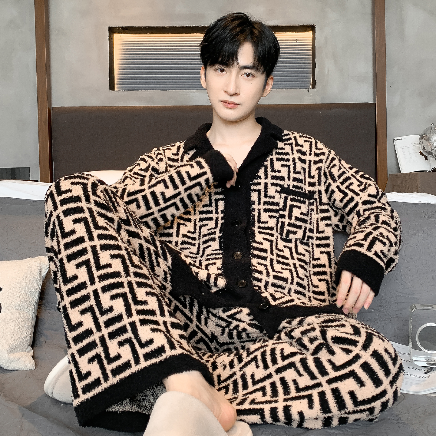 猫人秋冬季半边绒男士睡衣套装冬