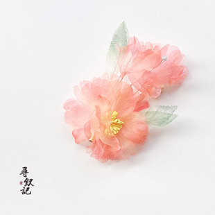 红色系烫花原创汉服配饰发夹古风头饰绢纱花朵仙气侧边刘海夹