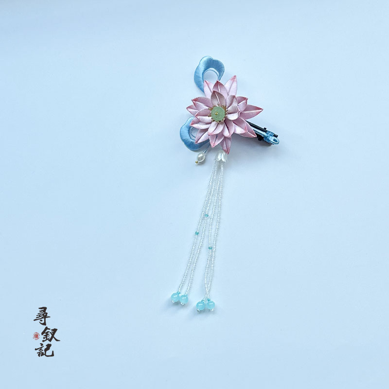 原创汉服粉色荷花发夹仙女非遗缠花发饰流苏国风头饰日常边夹发卡图片
