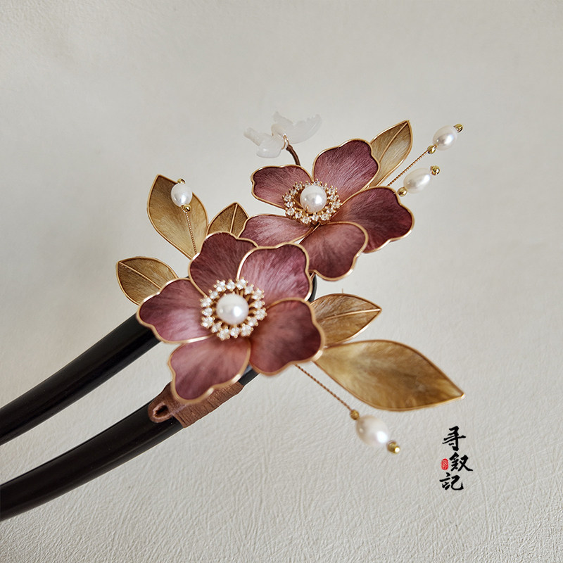 原创【青黛澜花】非遗蚕丝绒花复古日常盘发钗国风檀木发簪头饰女