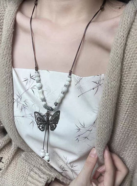 波西米亚异域民族风蝴蝶项链女新中式复古长款吊坠毛衣链挂脖配饰