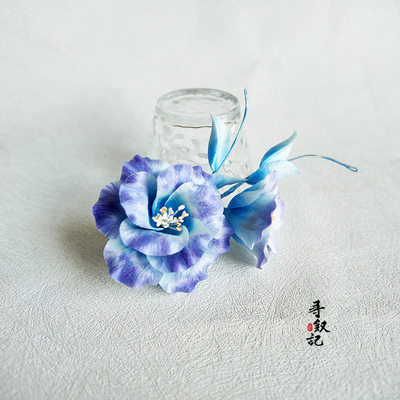 手工非遗蚕丝绒花渐变蓝花发夹