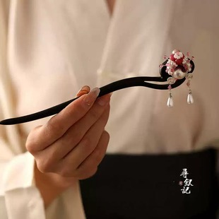 夏季新款黑檀木刀马旦发簪盘发簪子汉服古风马面裙发饰日常旗袍配