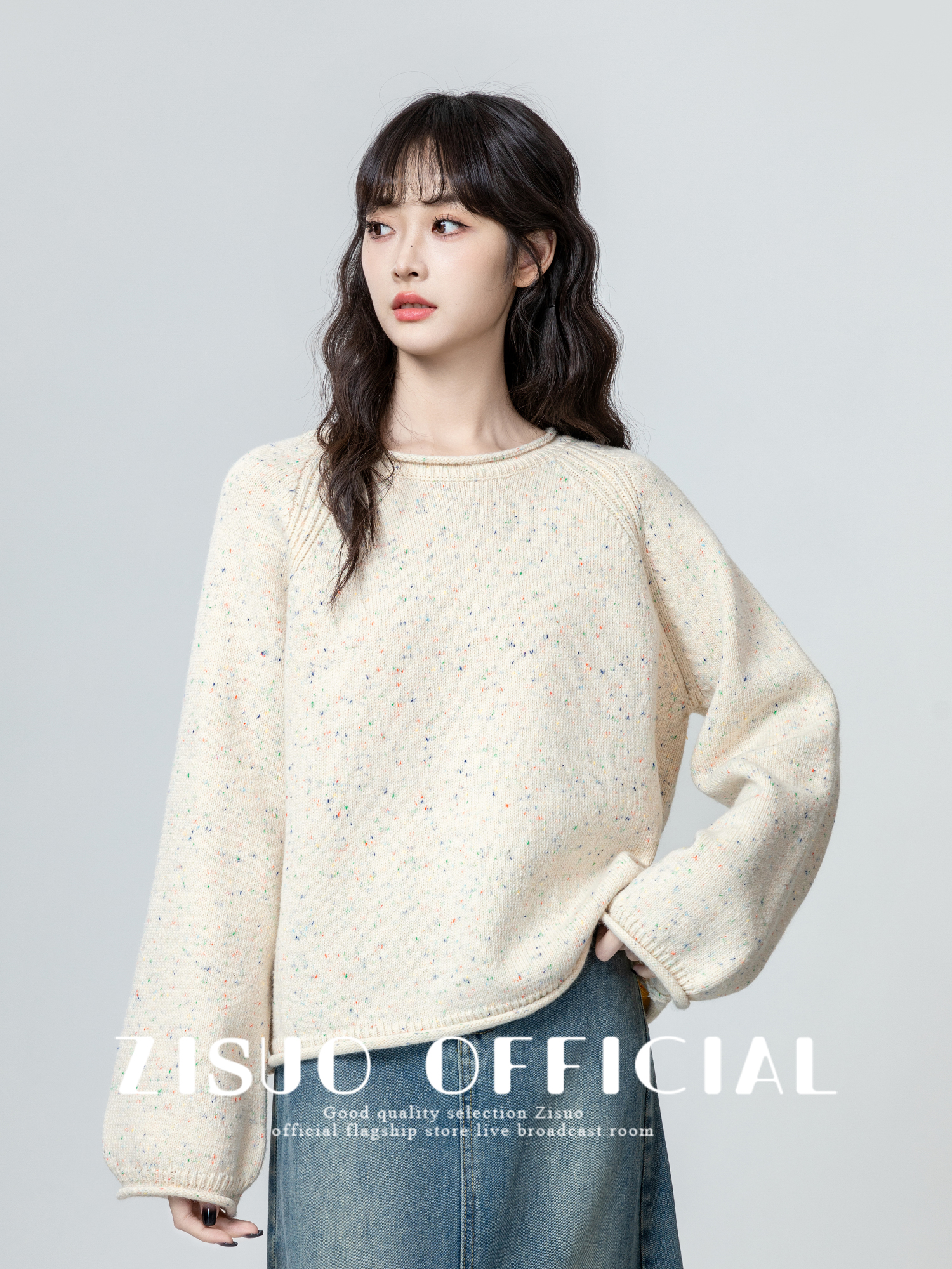 覆古圆领加厚针织女装2025秋冬新款宽松慵懒风格软糯套头针织上衣