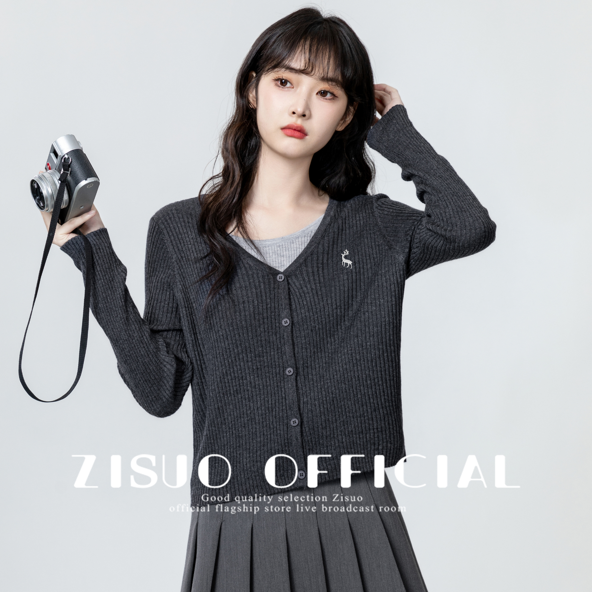 灰色假两件长袖针织衫女2025春秋新款设计感拼接V领毛衣短款上衣