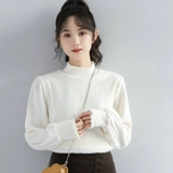 Демисезонный милый абрикосовый цветной приятный телу флисовый лонгслив, высокий воротник