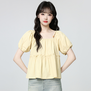 衬衫 新款 黄色方领短袖 女夏2025夏季 衬衣短上衣 木耳边泡泡袖 娃娃衫
