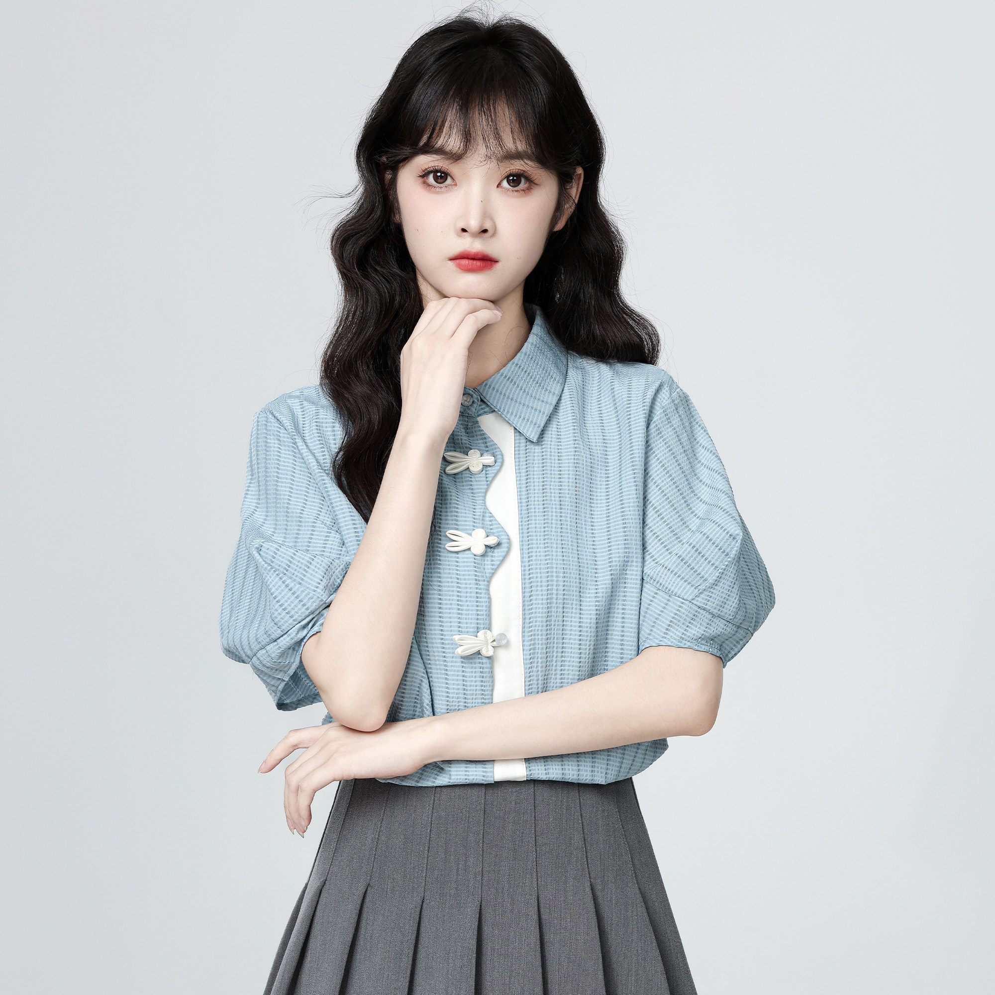 thumbnail for Blue POLO collar striped short-sleeved shirt women's summer 2026 new design spliced half-sleeve shirt top