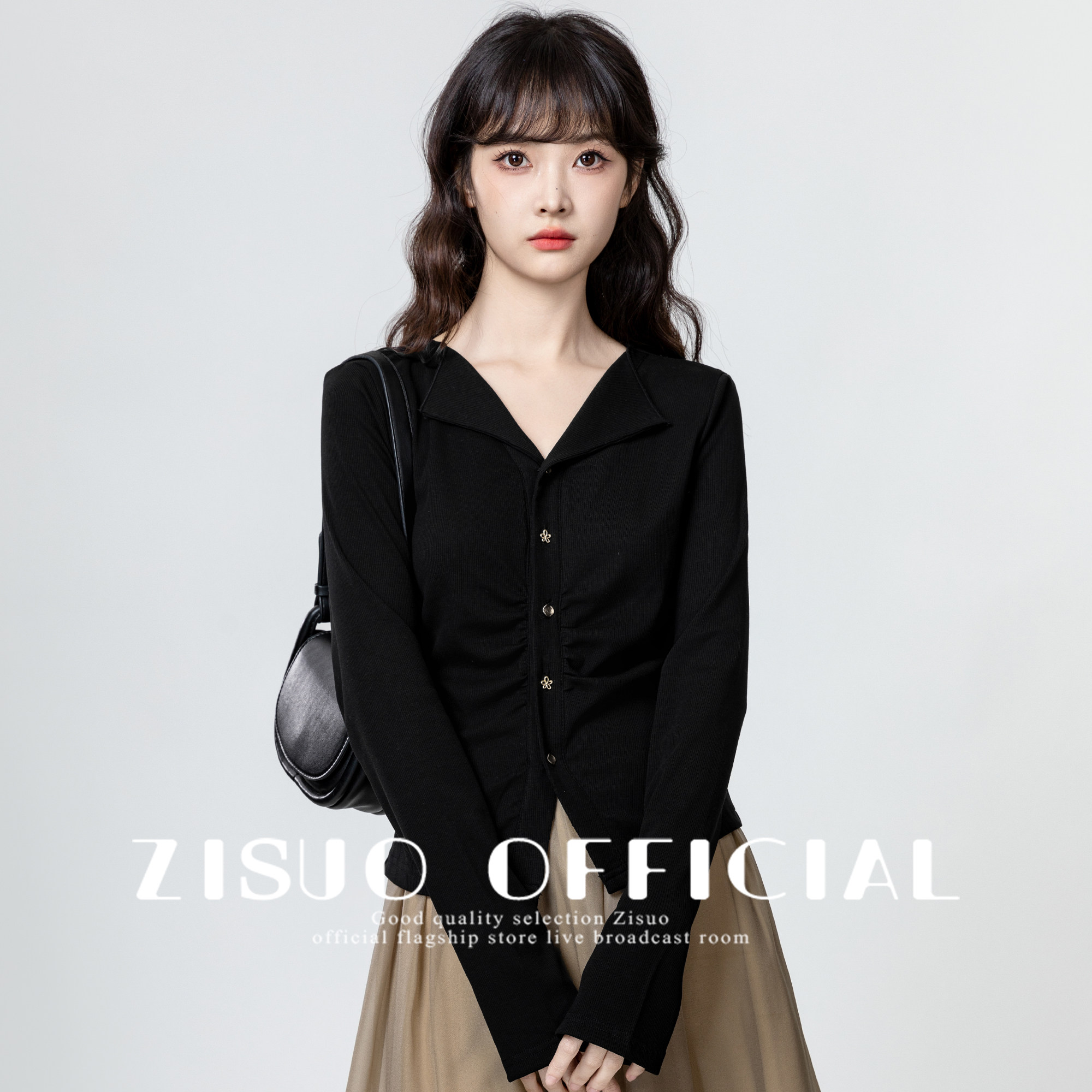 thumbnail for Black V-neck long-sleeved T-shirt women's spring and autumn 2026 new design sense irregular slimming lapel front shoulder short top