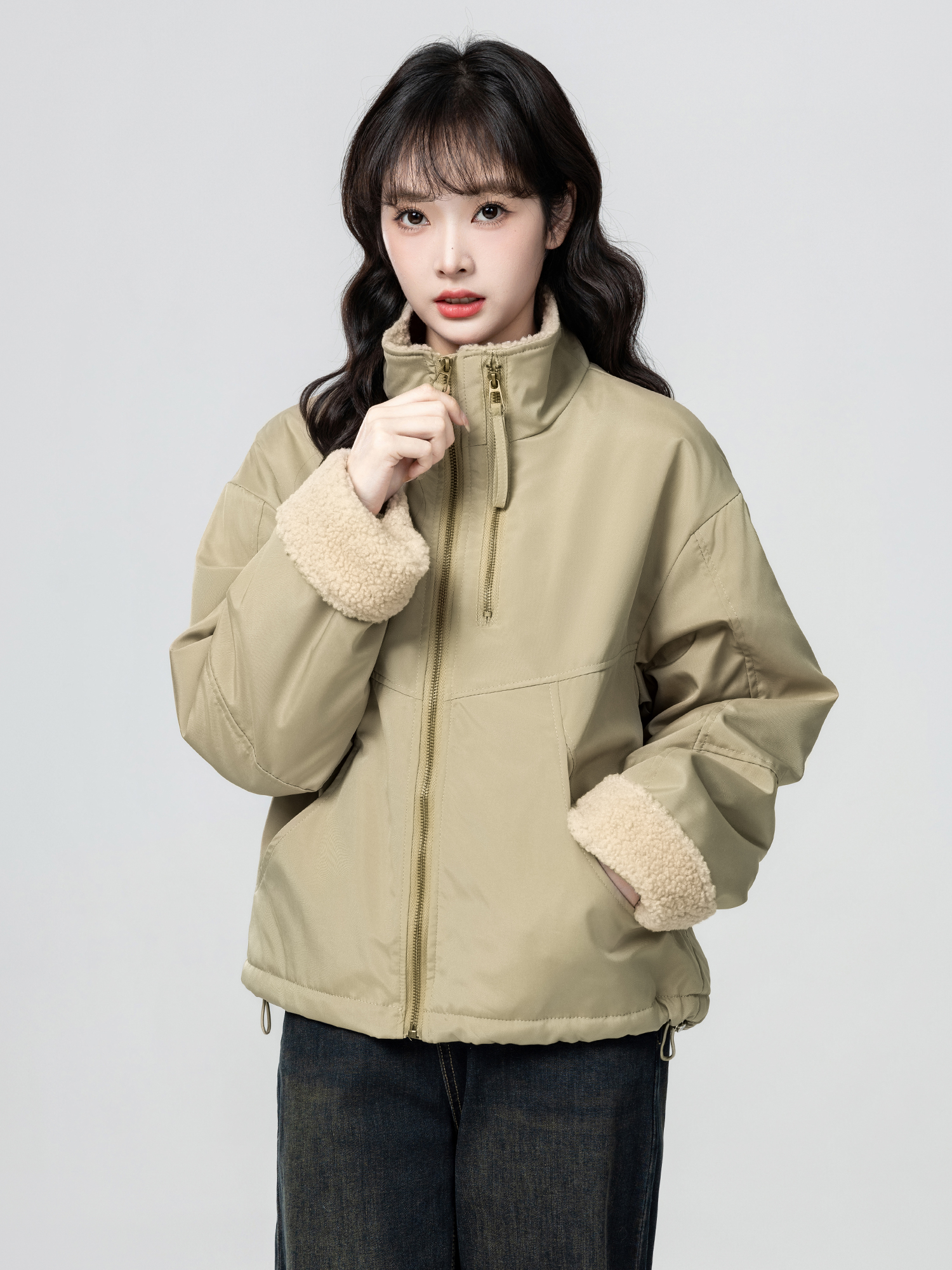 卡其色立领棉服外套女款秋冬2025冬季新款加绒羊羔毛棉衣短款上衣