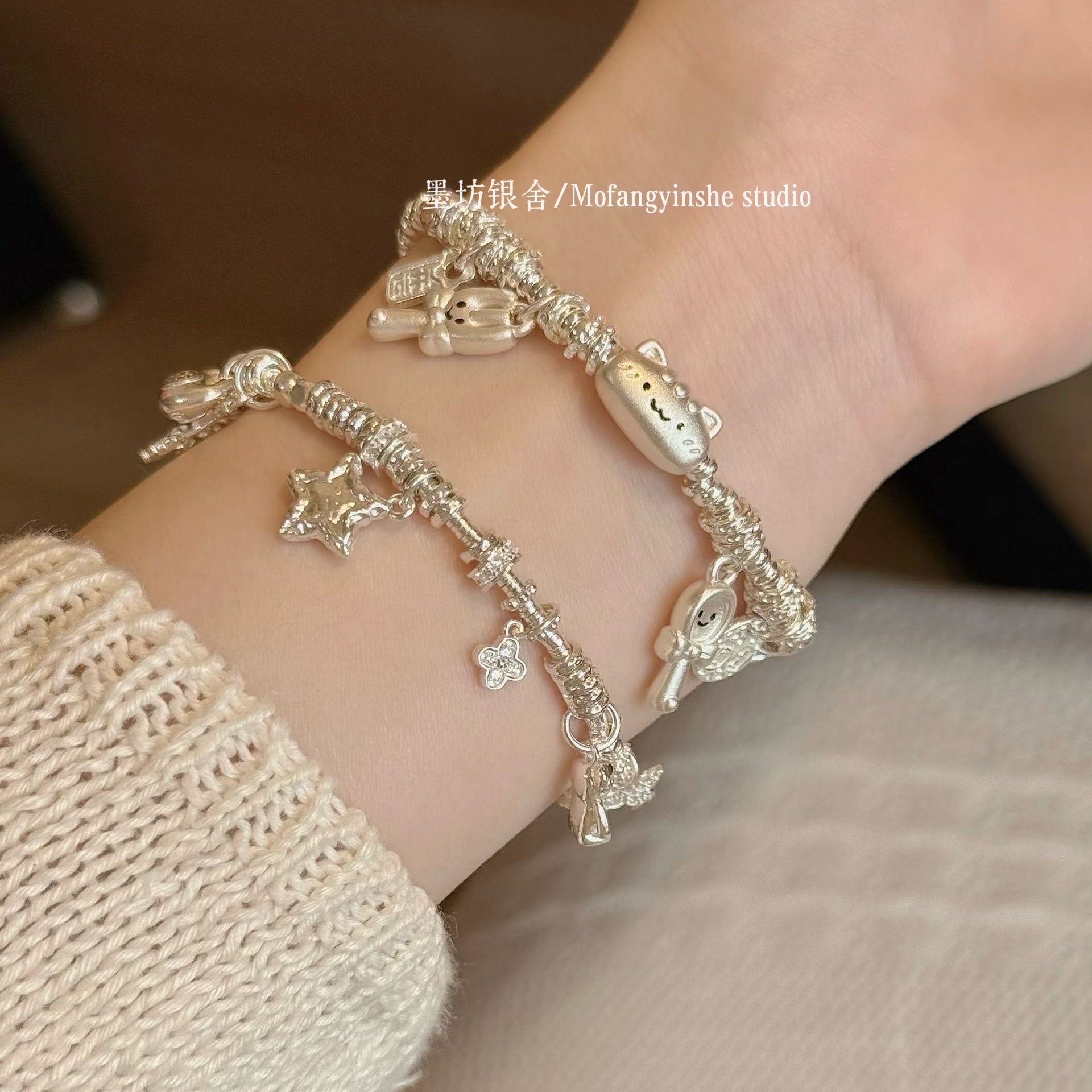 足银999法棍猫多宝星月盘缠手链