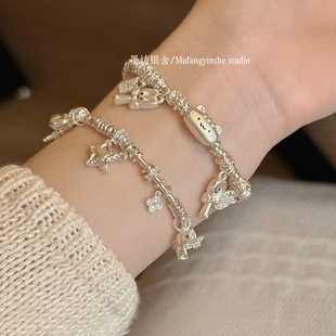 足银999法棍猫刀叉盘缠手链多宝星月蝴蝶纯银手串可爱小众设计