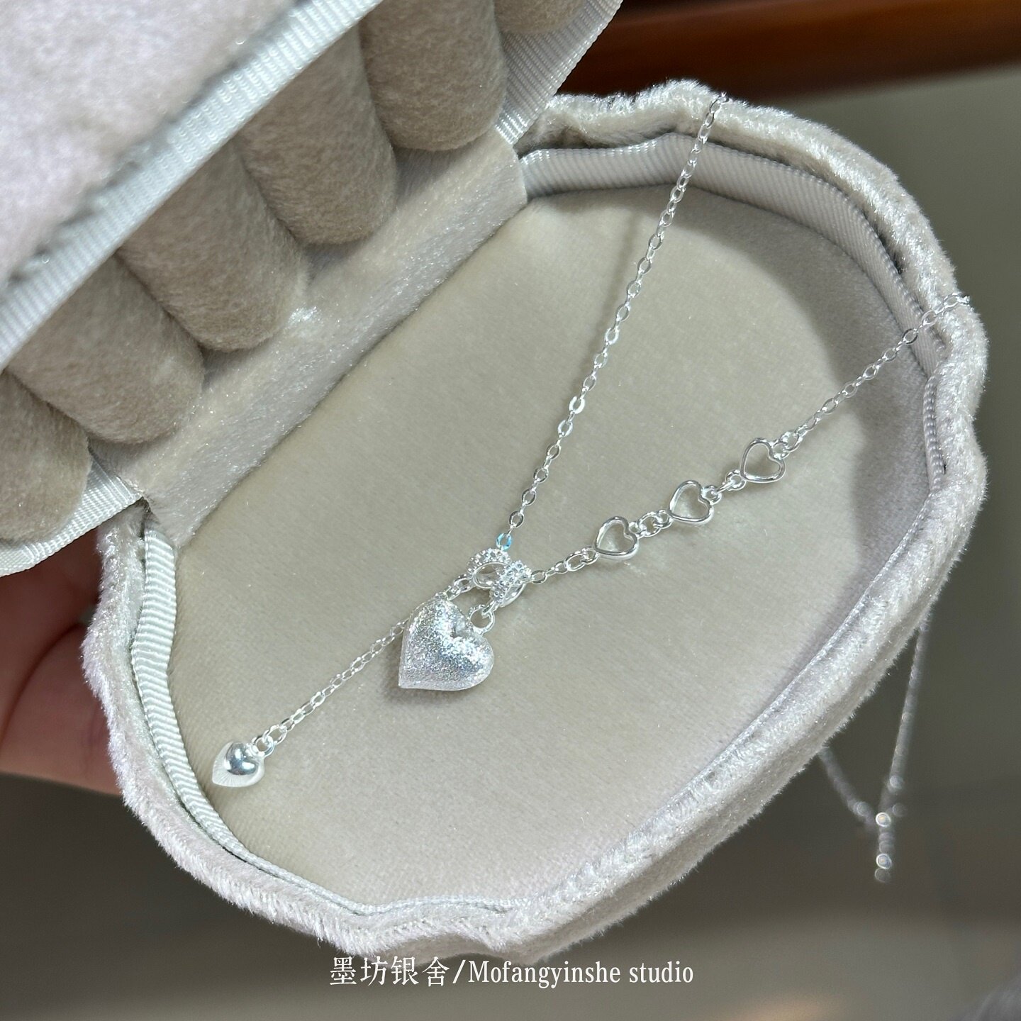 足银990拉丝爱心流苏纯银项链