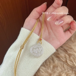 足银999八宝罗盘毛衣链转运圆盘吊坠可调节纯银项链中式国风礼物