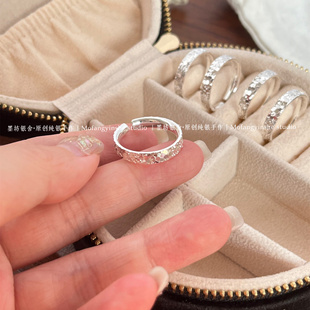 足银999.9实心碎冰冰银戒指碎银子纯银戒指活口可调节高级送女友